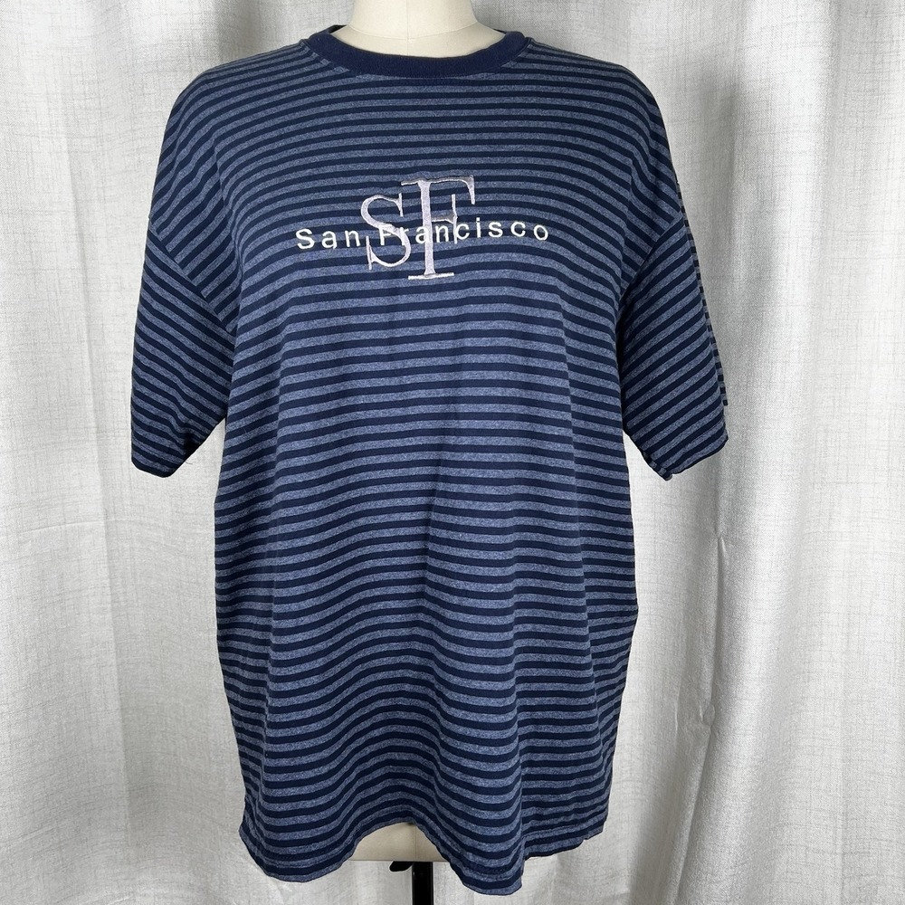 Vintage Exceed San Francisco‎ Blue Striped Men's XL T Shirt USA Embroidered 90's